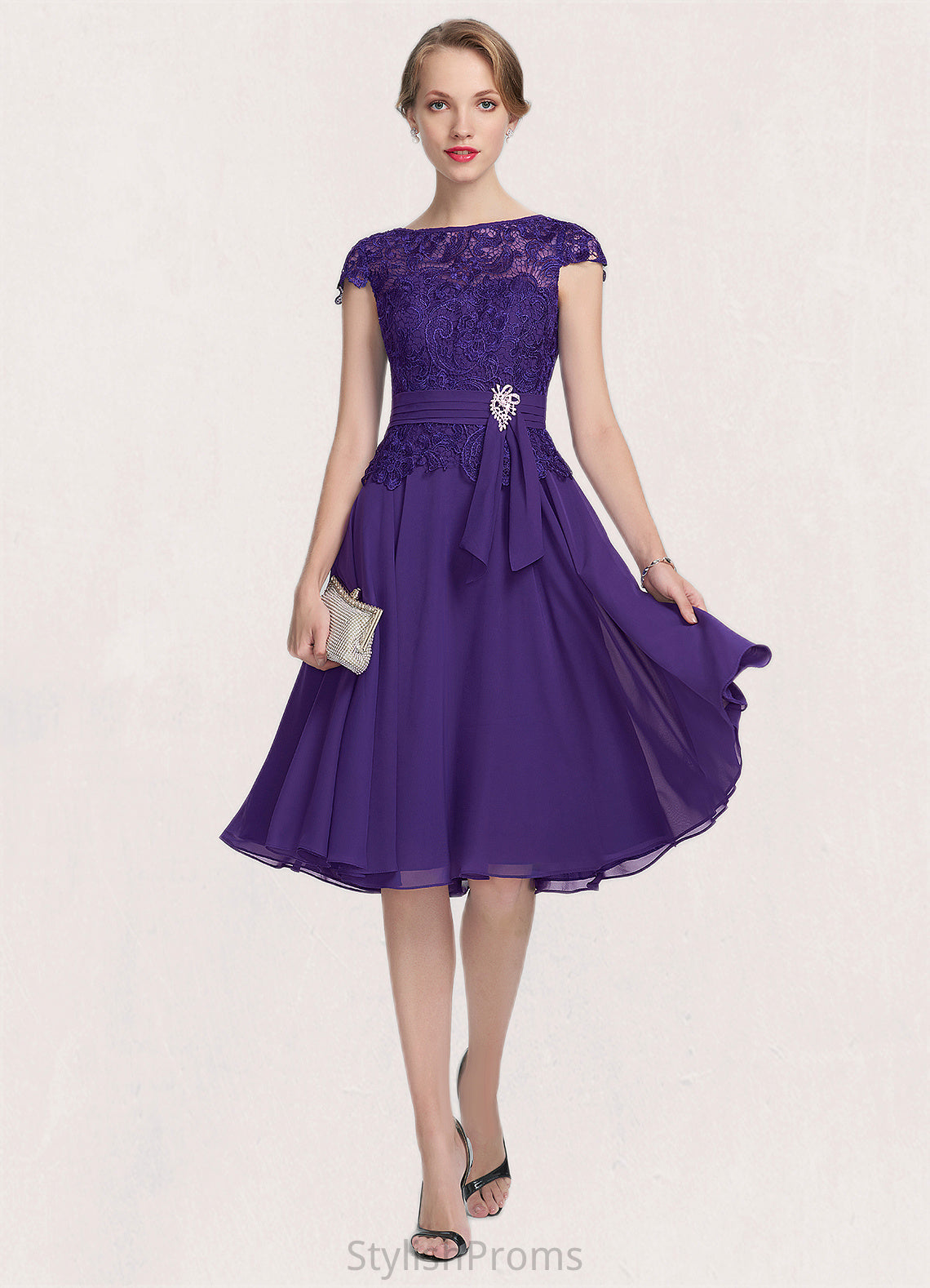 Hazel A-Line Scoop Neck Knee-Length Chiffon Lace Mother of the Bride Dress With Beading HQ126P0014814