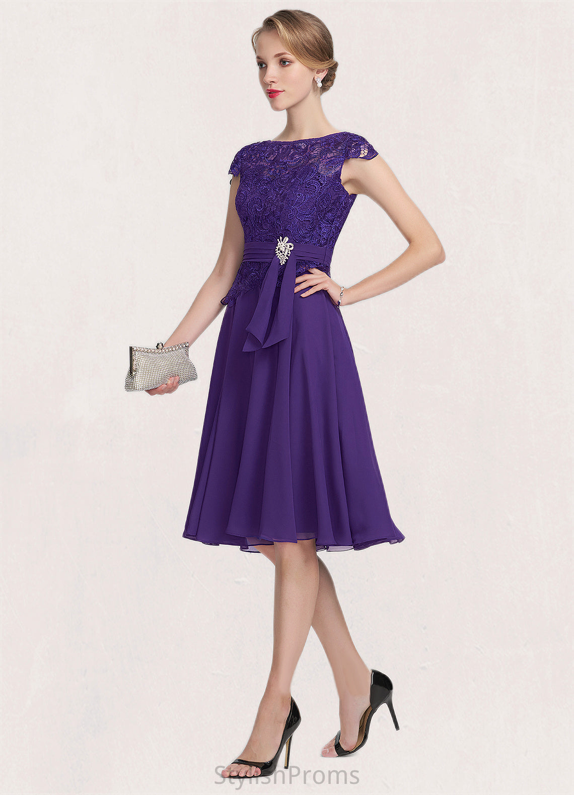 Hazel A-Line Scoop Neck Knee-Length Chiffon Lace Mother of the Bride Dress With Beading HQ126P0014814