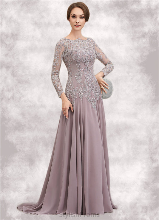 Celeste A-Line Scoop Neck Sweep Train Chiffon Lace Mother of the Bride Dress With Sequins HQ126P0014819