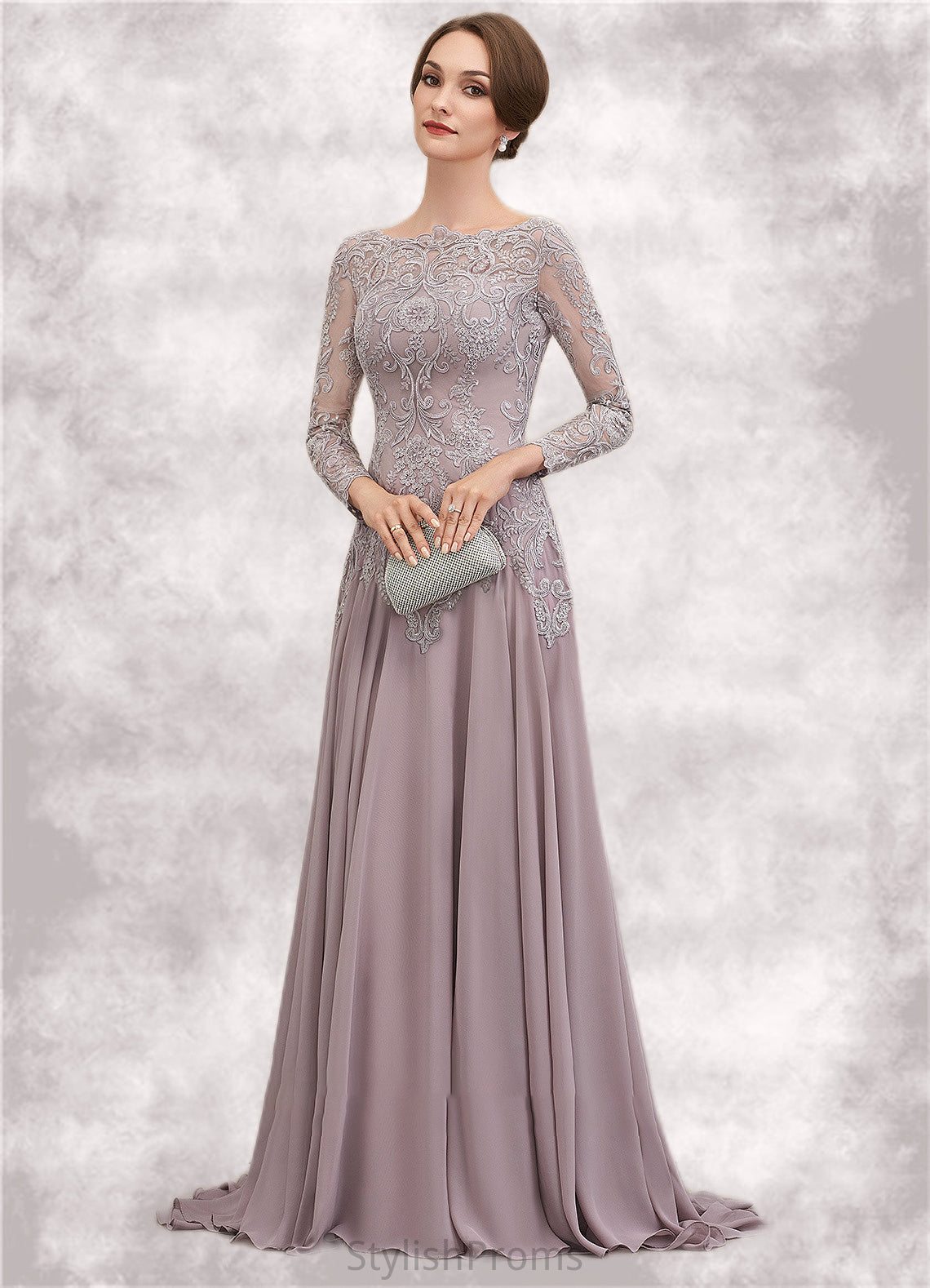 Celeste A-Line Scoop Neck Sweep Train Chiffon Lace Mother of the Bride Dress With Sequins HQ126P0014819