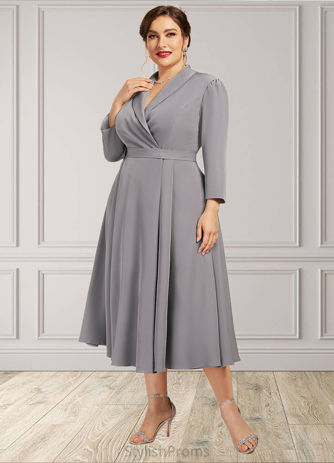 Ella A-Line V-neck Tea-Length Stretch Crepe Mother of the Bride Dress HQ126P0014844