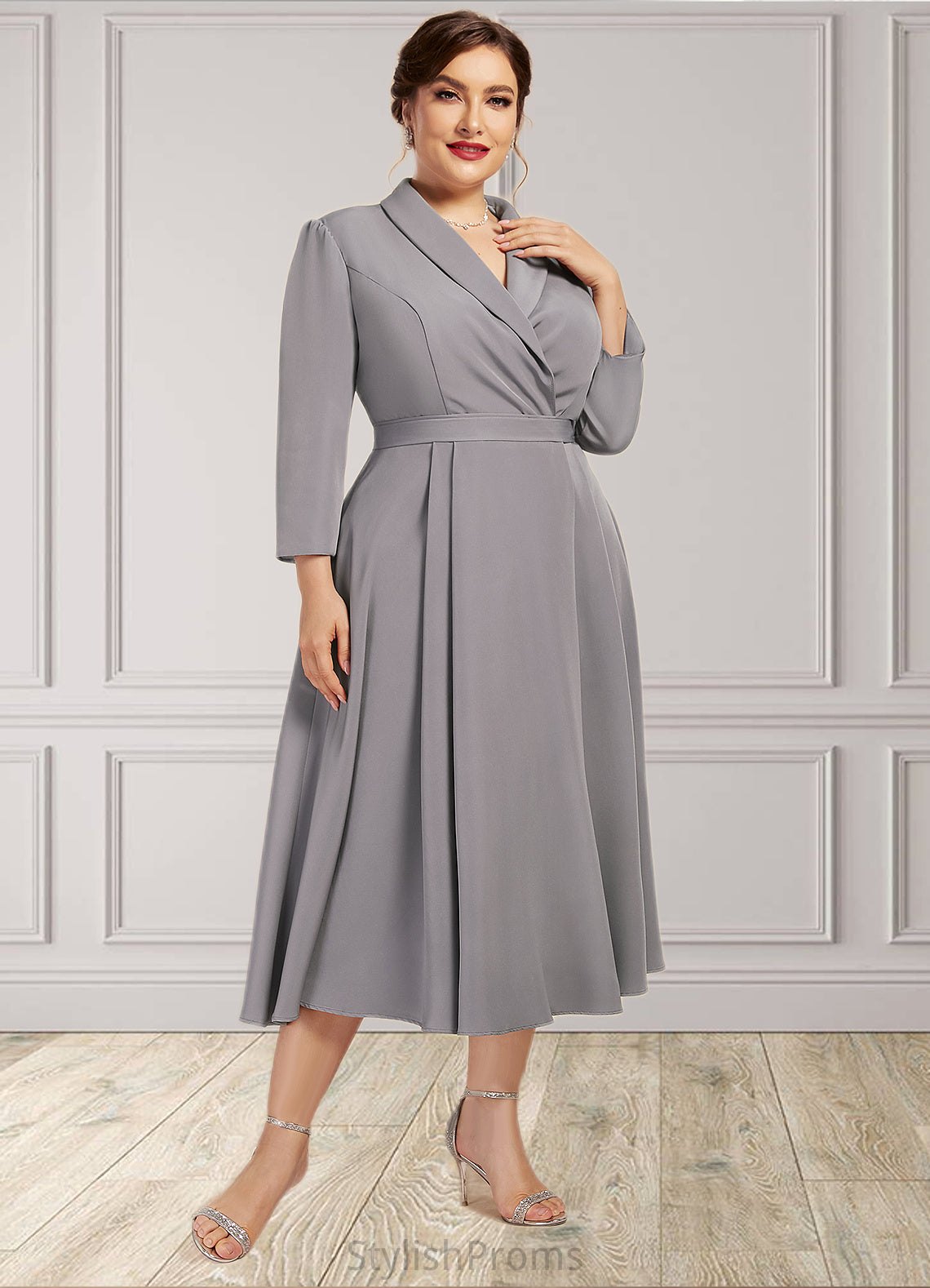 Ella A-Line V-neck Tea-Length Stretch Crepe Mother of the Bride Dress HQ126P0014844