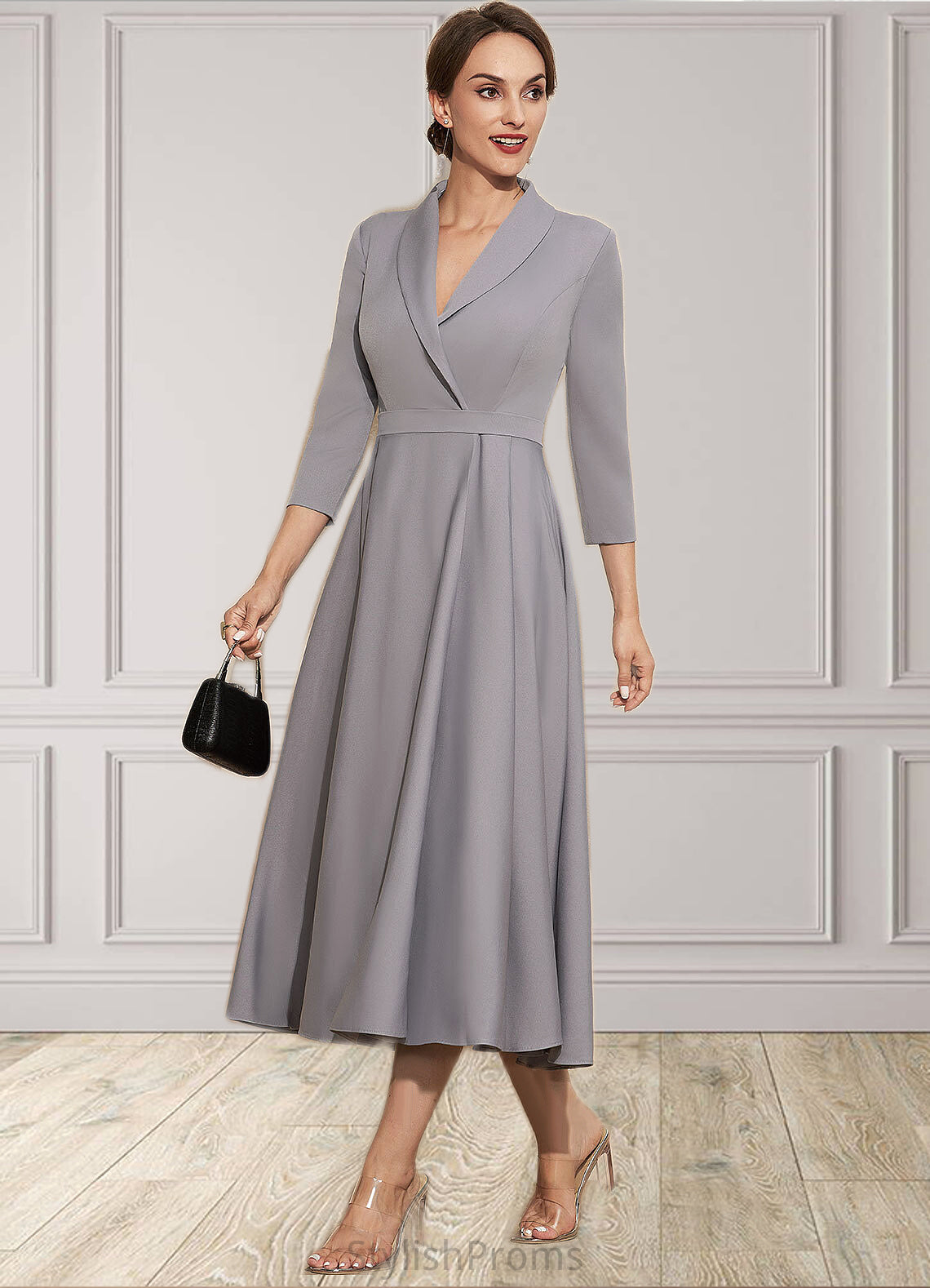 Ella A-Line V-neck Tea-Length Stretch Crepe Mother of the Bride Dress HQ126P0014844