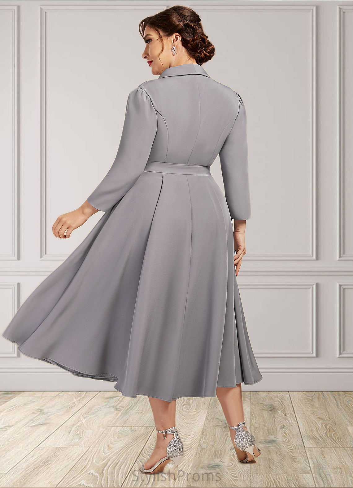 Ella A-Line V-neck Tea-Length Stretch Crepe Mother of the Bride Dress HQ126P0014844