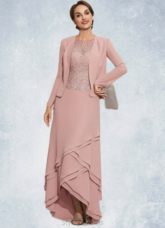 Willow A-Line Scoop Neck Asymmetrical Chiffon Lace Mother of the Bride Dress With Cascading Ruffles HQ126P0014845