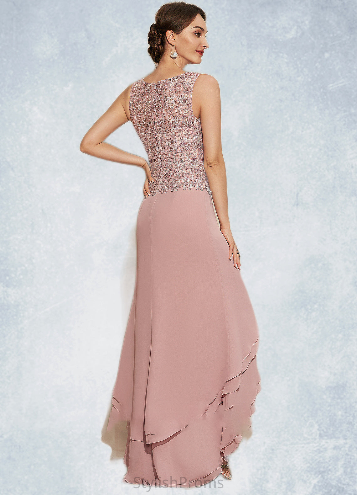 Willow A-Line Scoop Neck Asymmetrical Chiffon Lace Mother of the Bride Dress With Cascading Ruffles HQ126P0014845