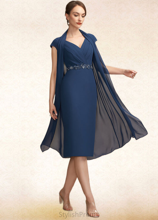 Danica Sheath/Column V-neck Knee-Length Chiffon Mother of the Bride Dress With Ruffle Beading Sequins HQ126P0014847