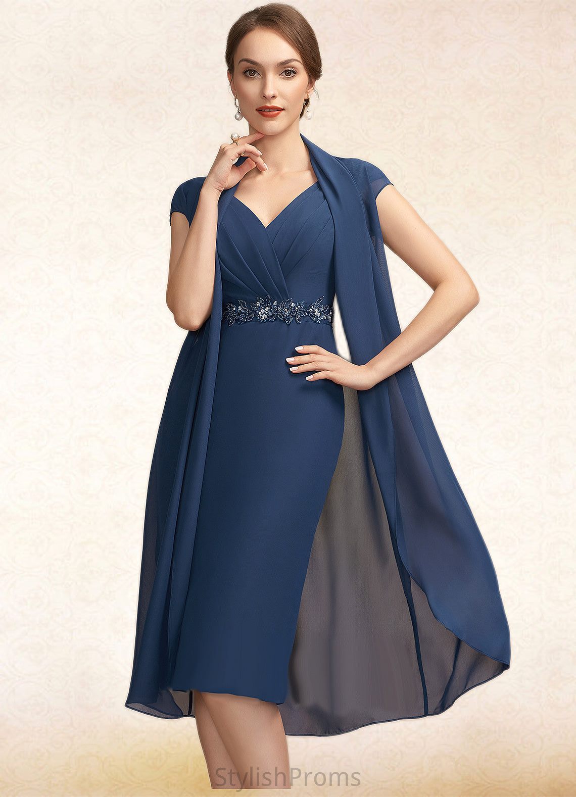 Danica Sheath/Column V-neck Knee-Length Chiffon Mother of the Bride Dress With Ruffle Beading Sequins HQ126P0014847