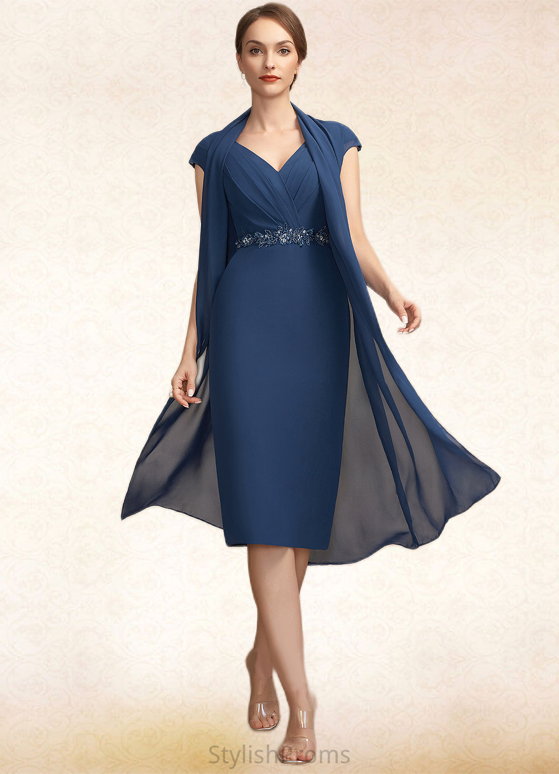 Danica Sheath/Column V-neck Knee-Length Chiffon Mother of the Bride Dress With Ruffle Beading Sequins HQ126P0014847