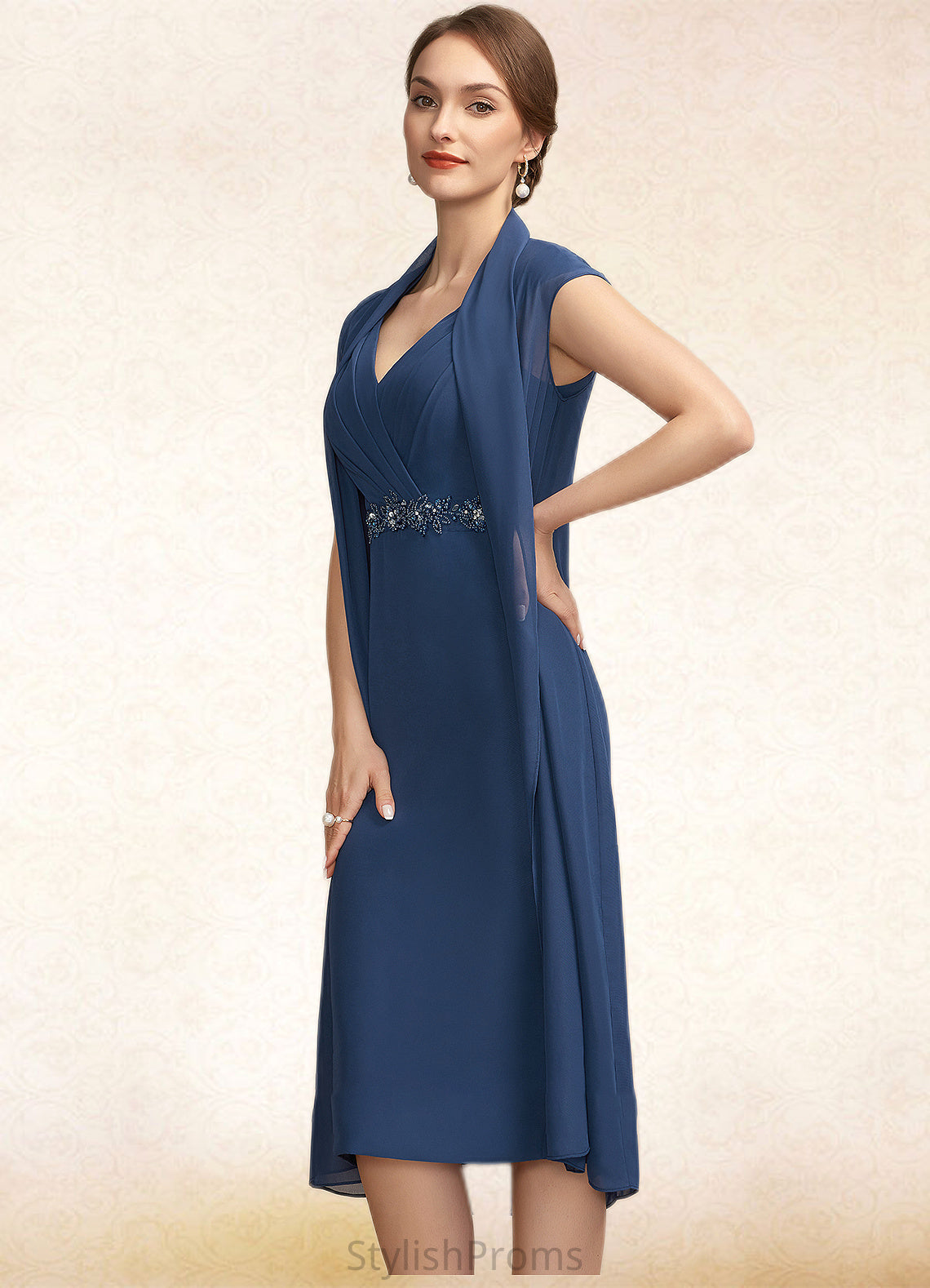 Danica Sheath/Column V-neck Knee-Length Chiffon Mother of the Bride Dress With Ruffle Beading Sequins HQ126P0014847