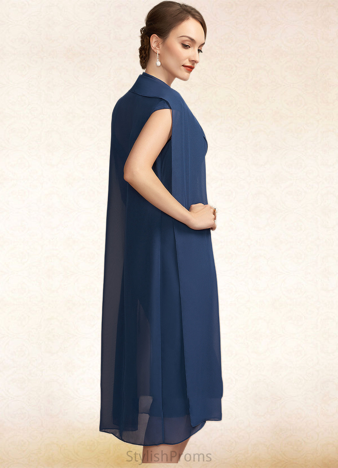 Danica Sheath/Column V-neck Knee-Length Chiffon Mother of the Bride Dress With Ruffle Beading Sequins HQ126P0014847