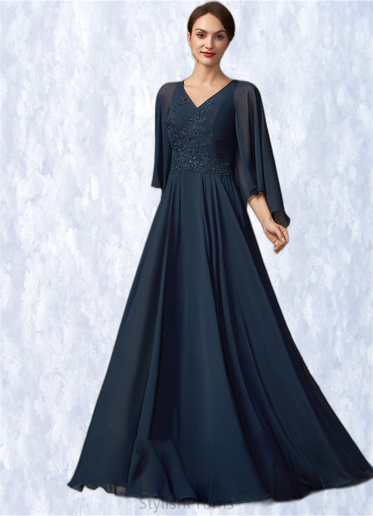 Carina A-Line V-neck Floor-Length Chiffon Lace Mother of the Bride Dress With Beading Sequins HQ126P0014849