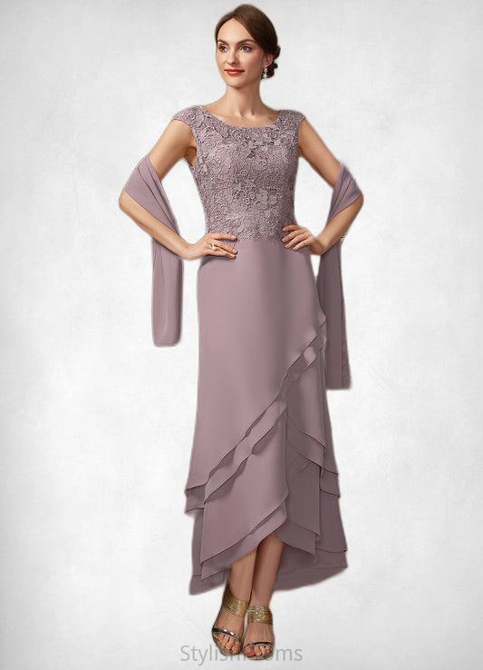 Lara A-Line Scoop Neck Asymmetrical Chiffon Lace Mother of the Bride Dress With Cascading Ruffles HQ126P0014850