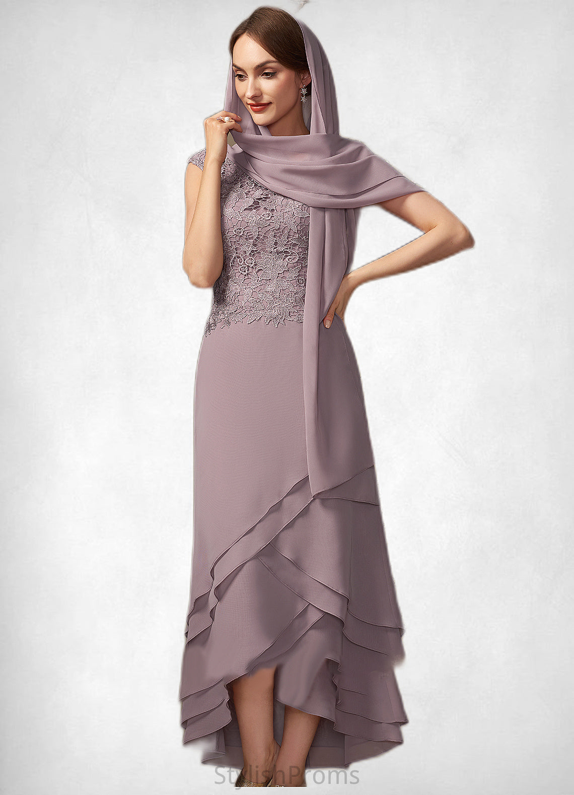 Lara A-Line Scoop Neck Asymmetrical Chiffon Lace Mother of the Bride Dress With Cascading Ruffles HQ126P0014850