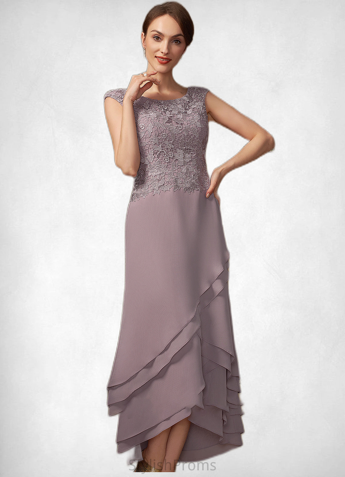 Lara A-Line Scoop Neck Asymmetrical Chiffon Lace Mother of the Bride Dress With Cascading Ruffles HQ126P0014850