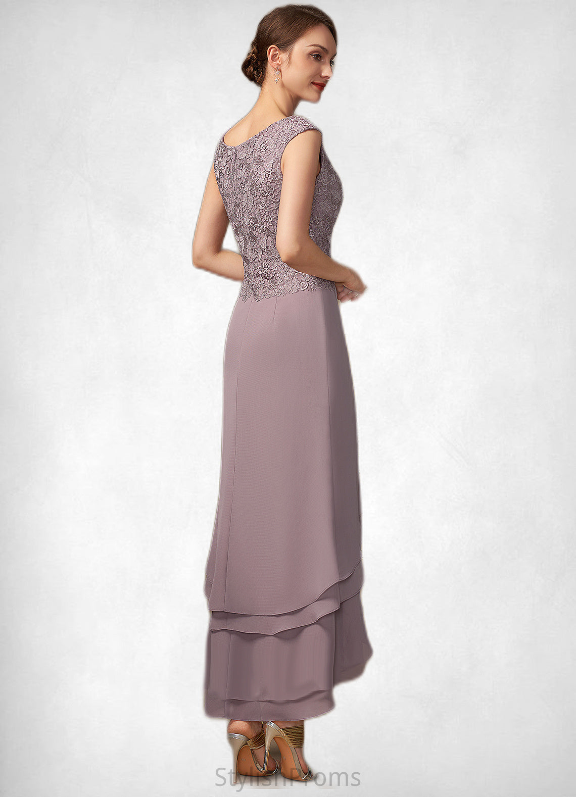 Lara A-Line Scoop Neck Asymmetrical Chiffon Lace Mother of the Bride Dress With Cascading Ruffles HQ126P0014850