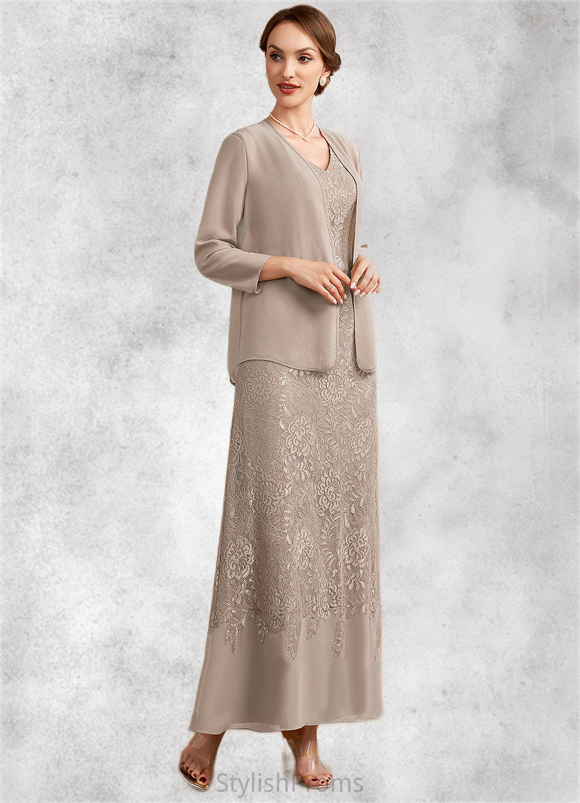 Emilia A-Line V-neck Ankle-Length Chiffon Lace Mother of the Bride Dress HQ126P0014851