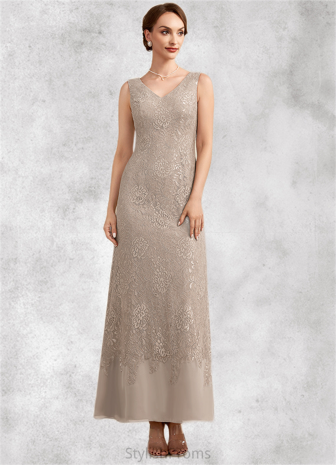 Emilia A-Line V-neck Ankle-Length Chiffon Lace Mother of the Bride Dress HQ126P0014851