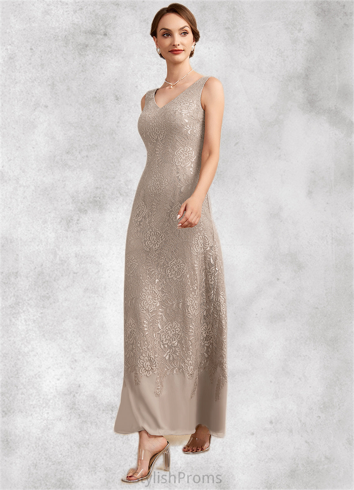 Emilia A-Line V-neck Ankle-Length Chiffon Lace Mother of the Bride Dress HQ126P0014851