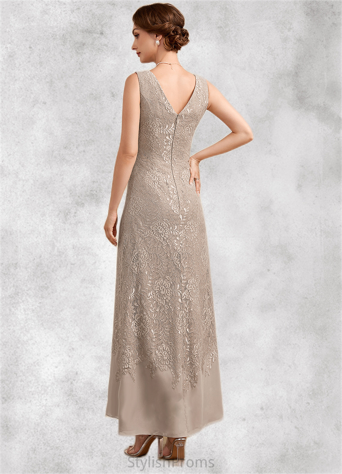 Emilia A-Line V-neck Ankle-Length Chiffon Lace Mother of the Bride Dress HQ126P0014851