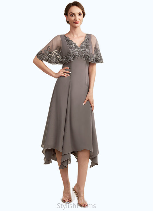 Sandy A-Line V-neck Tea-Length Chiffon Lace Mother of the Bride Dress With Beading Sequins HQ126P0014852