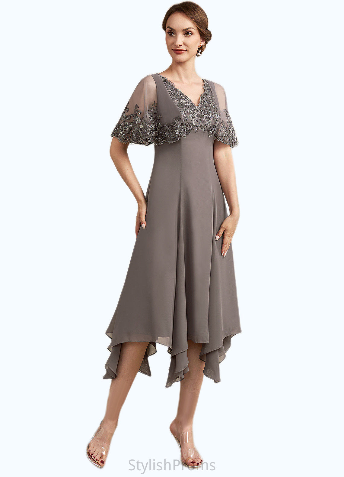 Sandy A-Line V-neck Tea-Length Chiffon Lace Mother of the Bride Dress With Beading Sequins HQ126P0014852