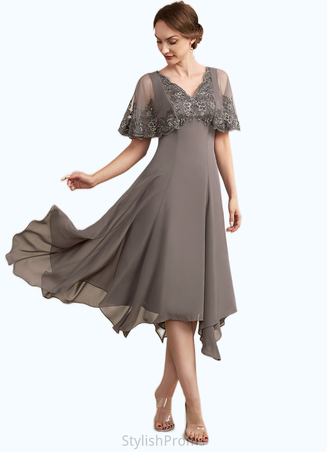 Sandy A-Line V-neck Tea-Length Chiffon Lace Mother of the Bride Dress With Beading Sequins HQ126P0014852