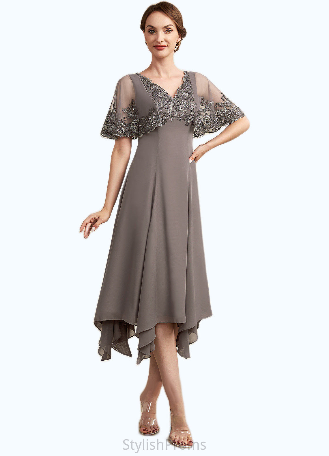 Sandy A-Line V-neck Tea-Length Chiffon Lace Mother of the Bride Dress With Beading Sequins HQ126P0014852