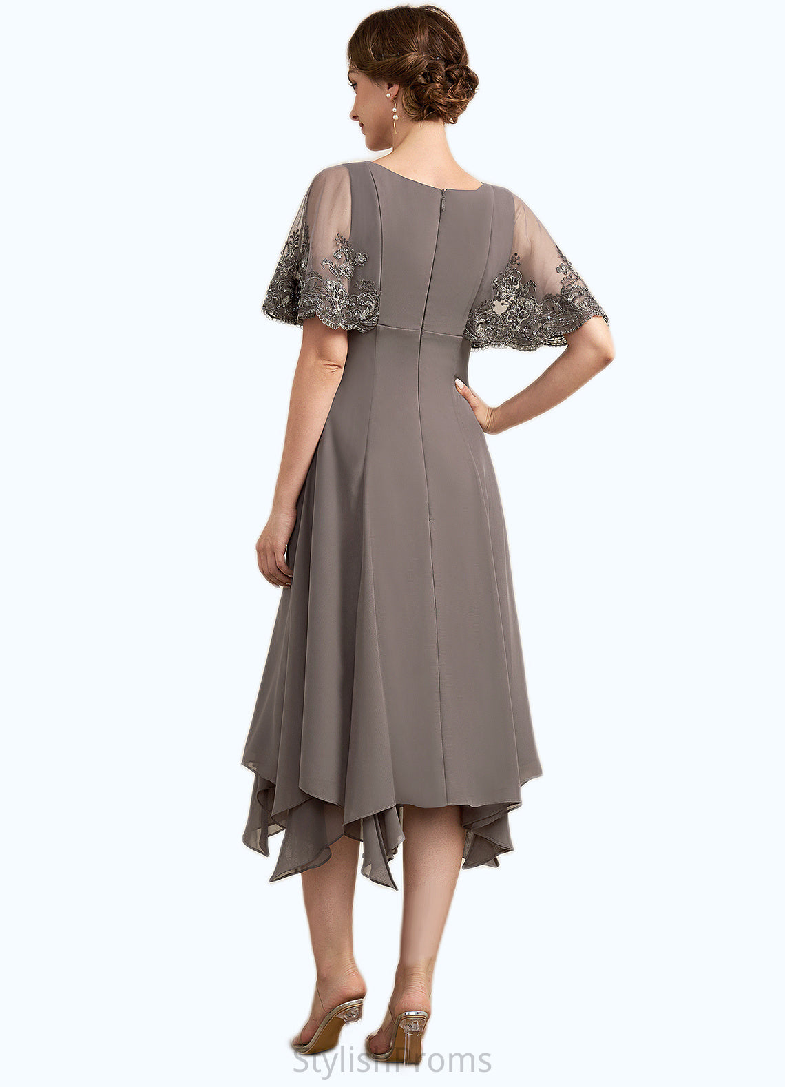 Sandy A-Line V-neck Tea-Length Chiffon Lace Mother of the Bride Dress With Beading Sequins HQ126P0014852