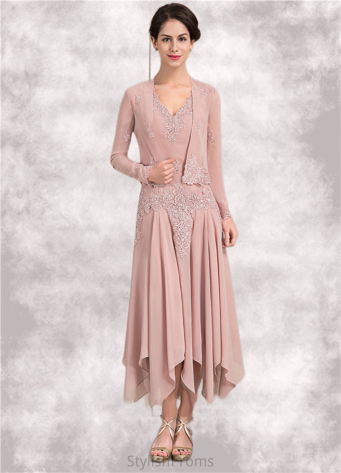 Brooke A-Line V-neck Ankle-Length Chiffon Mother of the Bride Dress With Appliques Lace Sequins HQ126P0014855