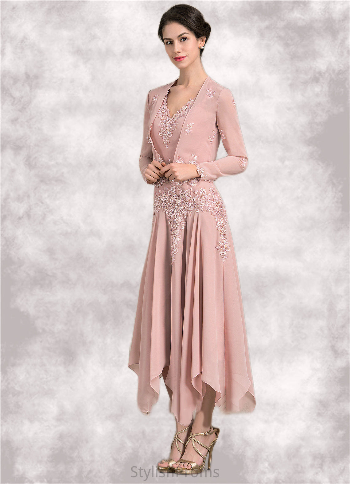 Brooke A-Line V-neck Ankle-Length Chiffon Mother of the Bride Dress With Appliques Lace Sequins HQ126P0014855