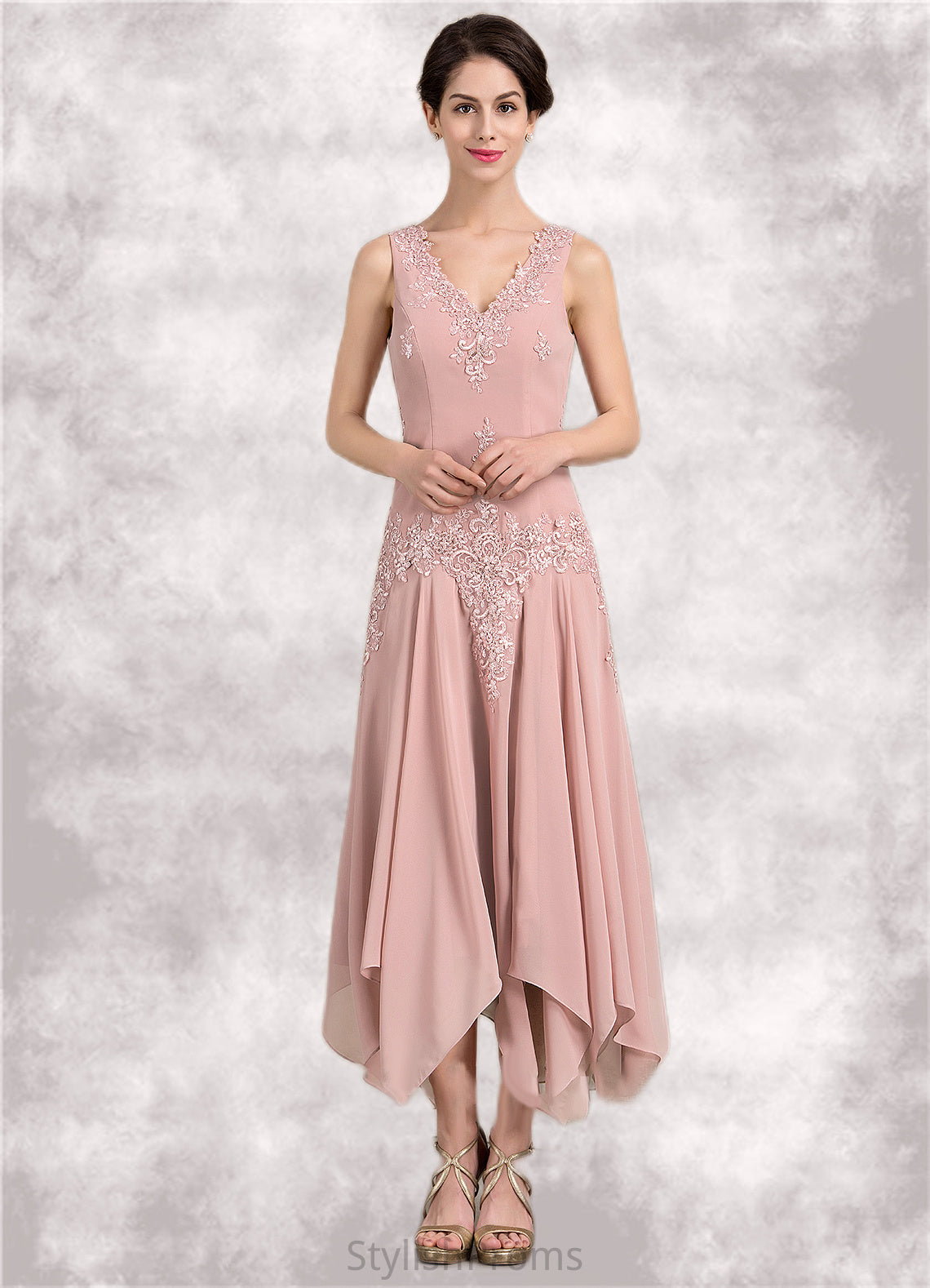 Brooke A-Line V-neck Ankle-Length Chiffon Mother of the Bride Dress With Appliques Lace Sequins HQ126P0014855