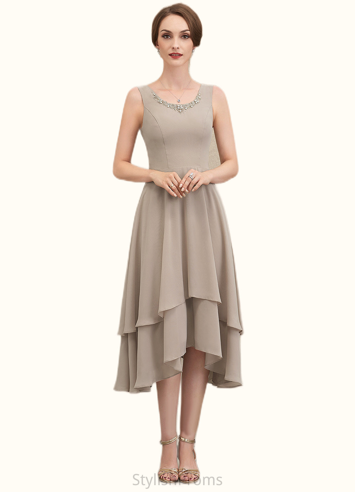 Isabelle A-Line Scoop Neck Asymmetrical Chiffon Mother of the Bride Dress With Beading Sequins HQ126P0014866