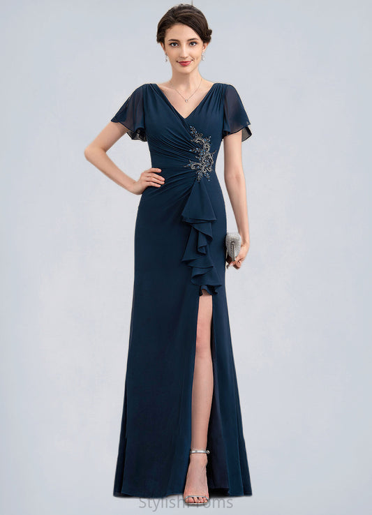 Thelma Sheath/Column V-neck Floor-Length Chiffon Mother of the Bride Dress With Beading Split Front Cascading Ruffles HQ126P0014868