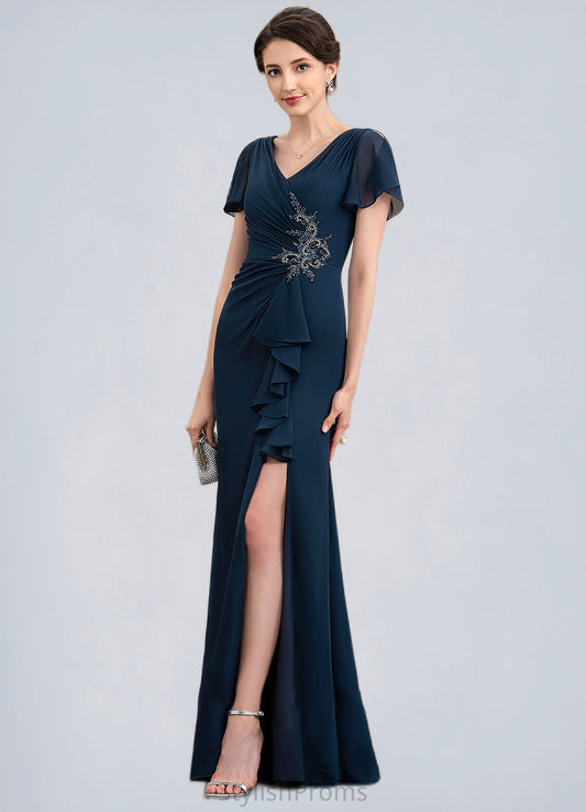 Thelma Sheath/Column V-neck Floor-Length Chiffon Mother of the Bride Dress With Beading Split Front Cascading Ruffles HQ126P0014868