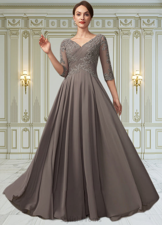 Aubrey A-Line V-neck Floor-Length Chiffon Lace Mother of the Bride Dress With Beading Sequins HQ126P0014876