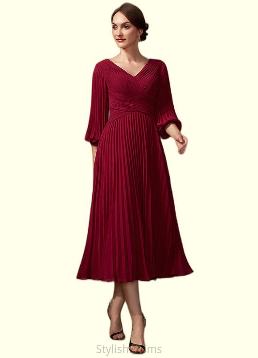 Mildred A-Line V-neck Tea-Length Chiffon Mother of the Bride Dress With Pleated HQ126P0014878