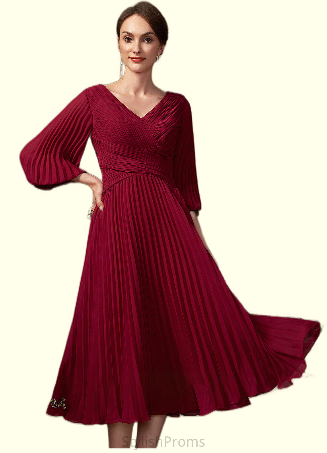 Mildred A-Line V-neck Tea-Length Chiffon Mother of the Bride Dress With Pleated HQ126P0014878