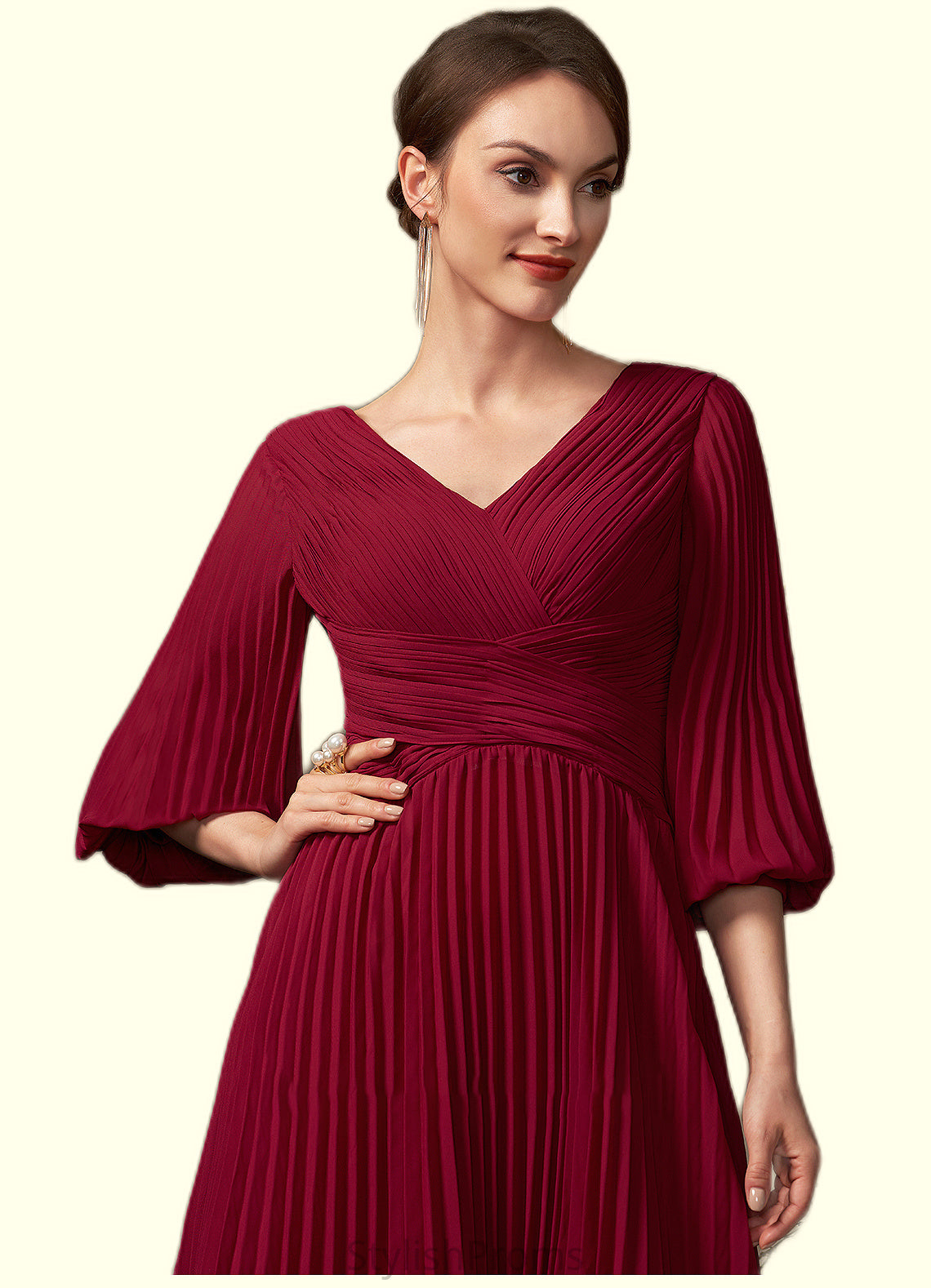 Mildred A-Line V-neck Tea-Length Chiffon Mother of the Bride Dress With Pleated HQ126P0014878