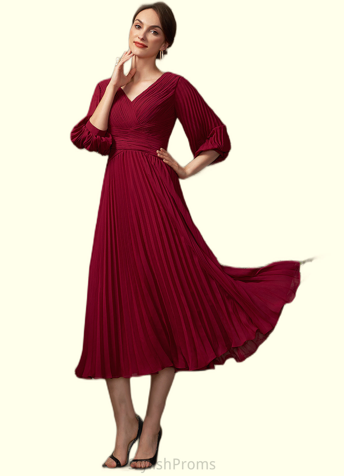 Mildred A-Line V-neck Tea-Length Chiffon Mother of the Bride Dress With Pleated HQ126P0014878