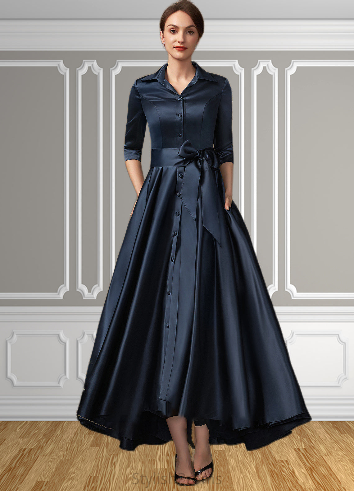 Kaitlyn A-Line V-neck Asymmetrical Satin Mother of the Bride Dress With Bow(s) Pockets HQ126P0014879