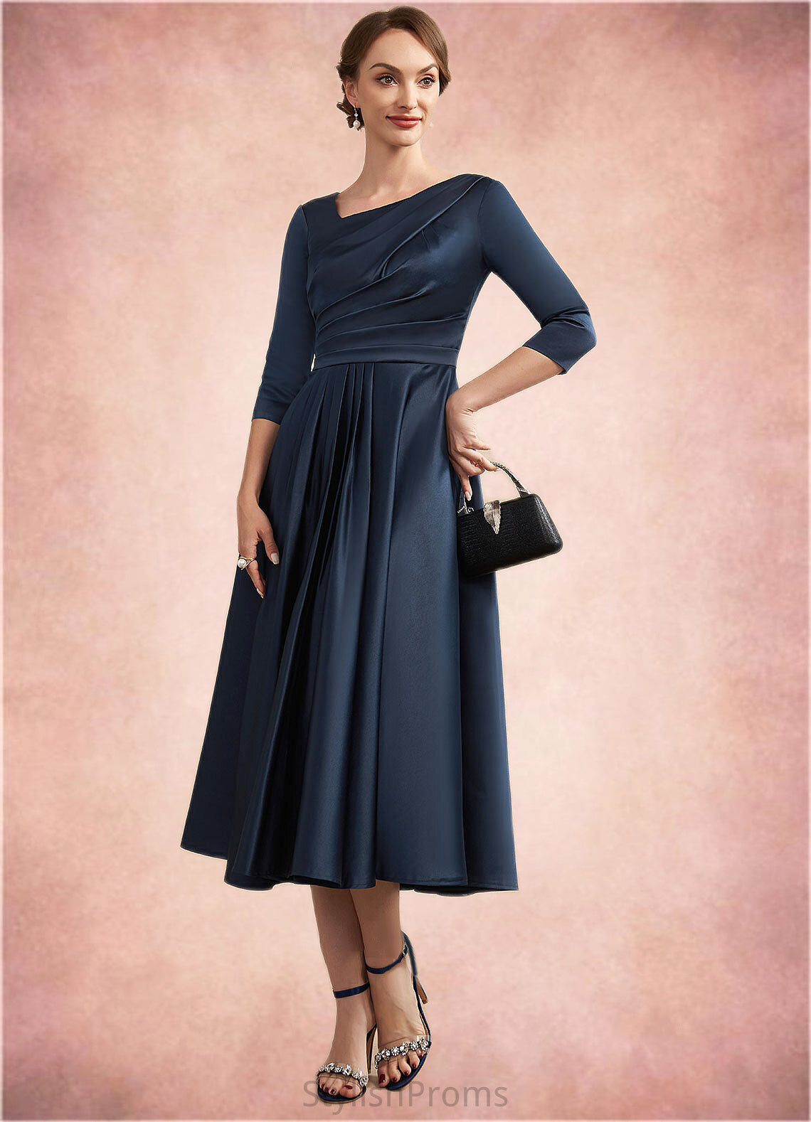 Ayana A-Line V-neck Tea-Length Satin Mother of the Bride Dress With Ruffle HQ126P0014883