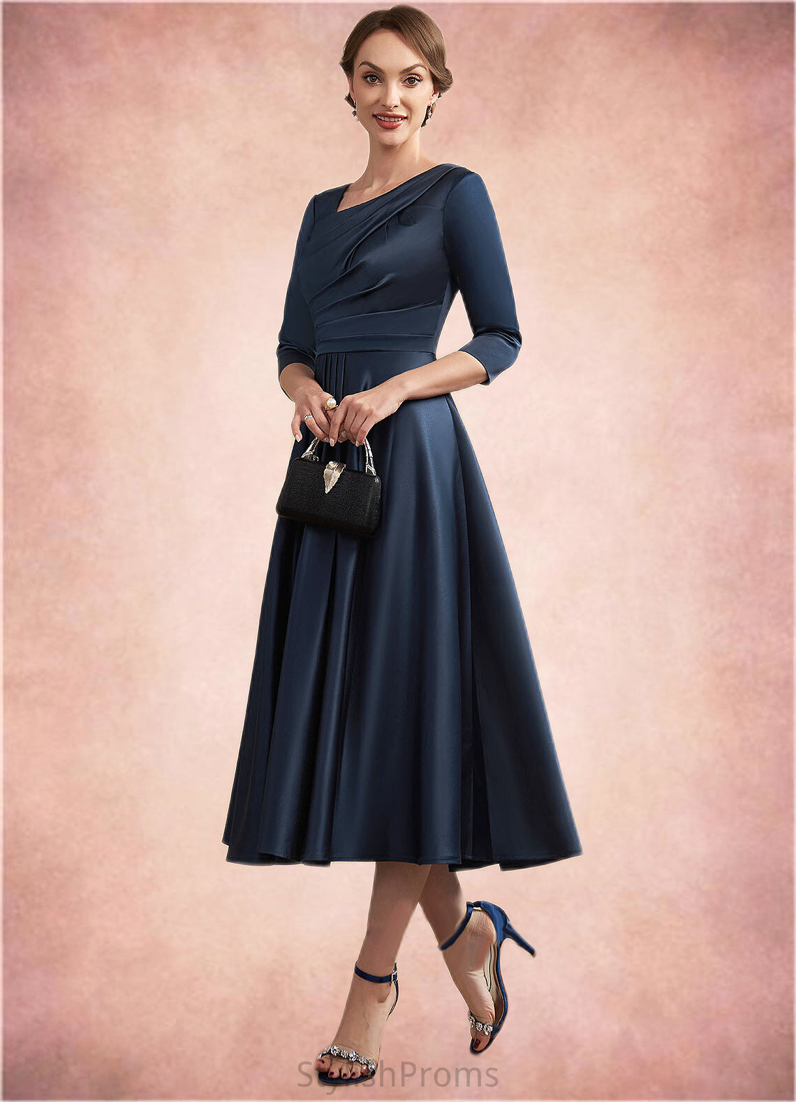 Ayana A-Line V-neck Tea-Length Satin Mother of the Bride Dress With Ruffle HQ126P0014883