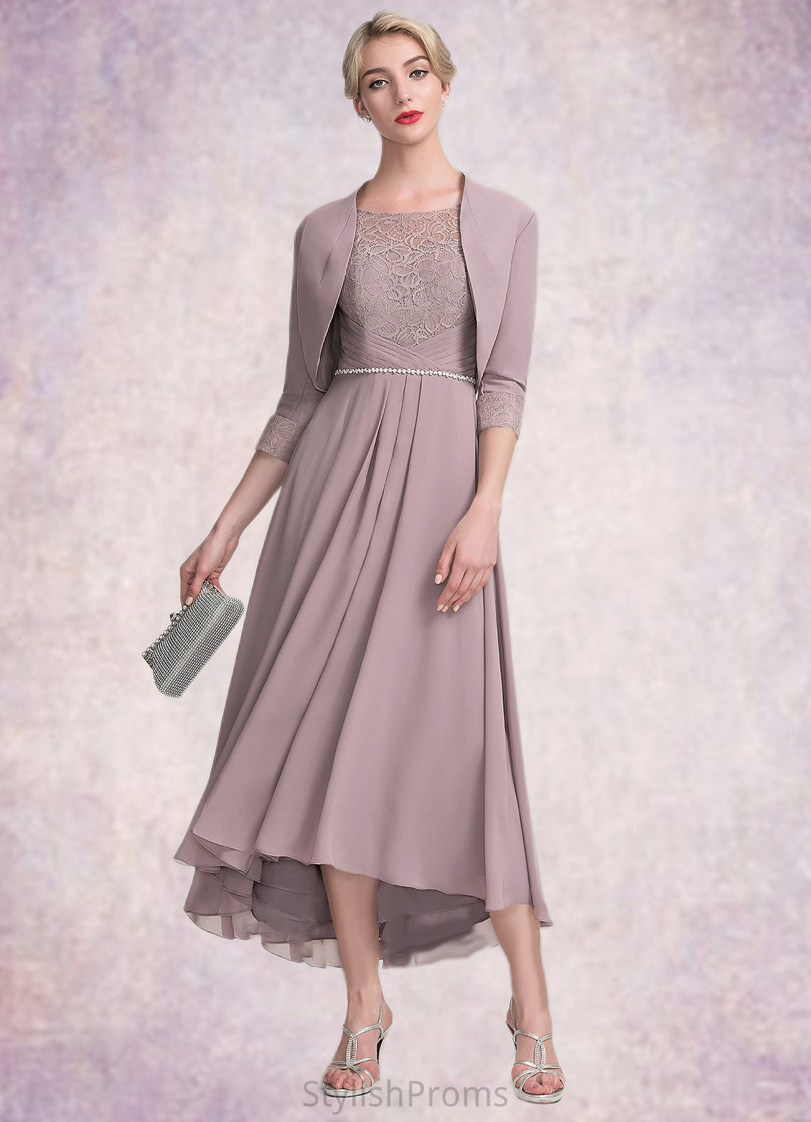 Abbey A-Line Scoop Neck Asymmetrical Chiffon Lace Mother of the Bride Dress With Beading HQ126P0014885