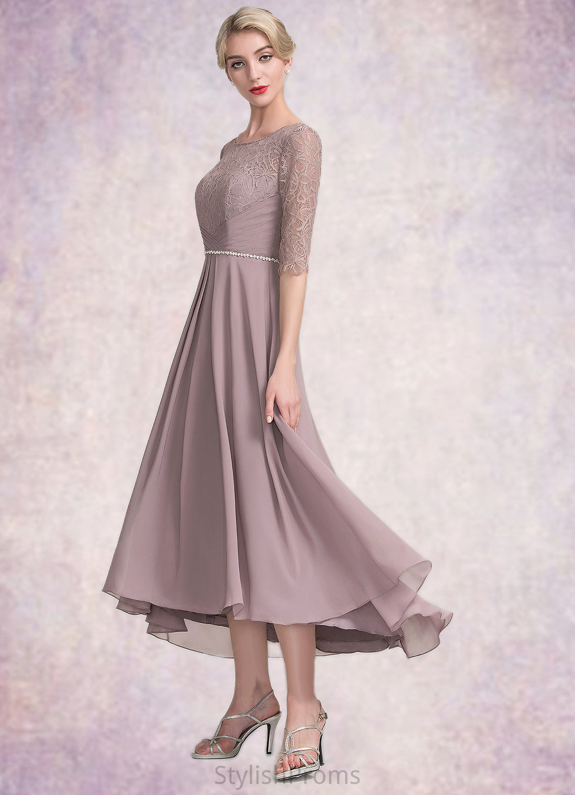 Abbey A-Line Scoop Neck Asymmetrical Chiffon Lace Mother of the Bride Dress With Beading HQ126P0014885