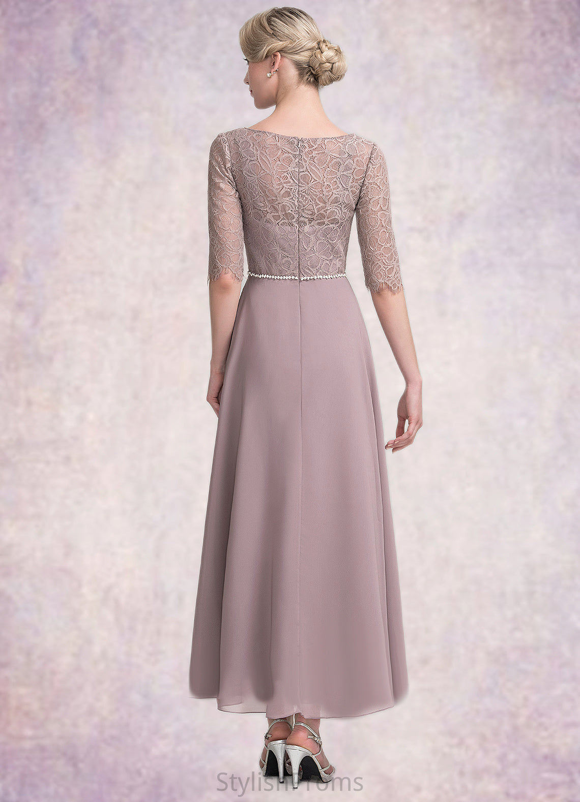 Abbey A-Line Scoop Neck Asymmetrical Chiffon Lace Mother of the Bride Dress With Beading HQ126P0014885