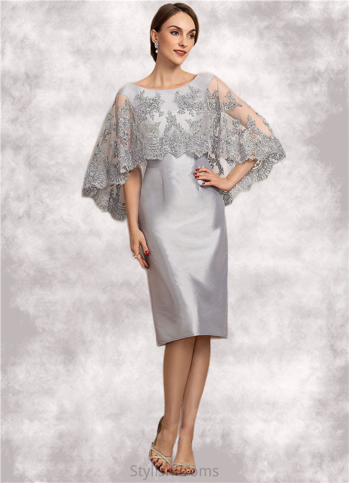 Harmony Sheath/Column Scoop Neck Knee-Length Taffeta Lace Mother of the Bride Dress With Beading Sequins HQ126P0014886