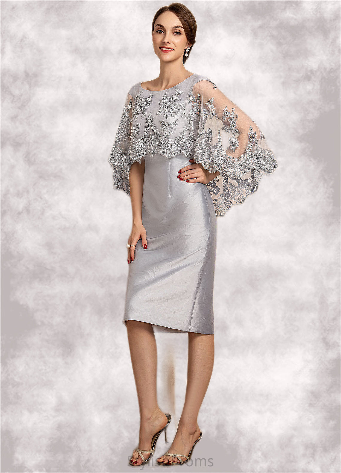 Harmony Sheath/Column Scoop Neck Knee-Length Taffeta Lace Mother of the Bride Dress With Beading Sequins HQ126P0014886