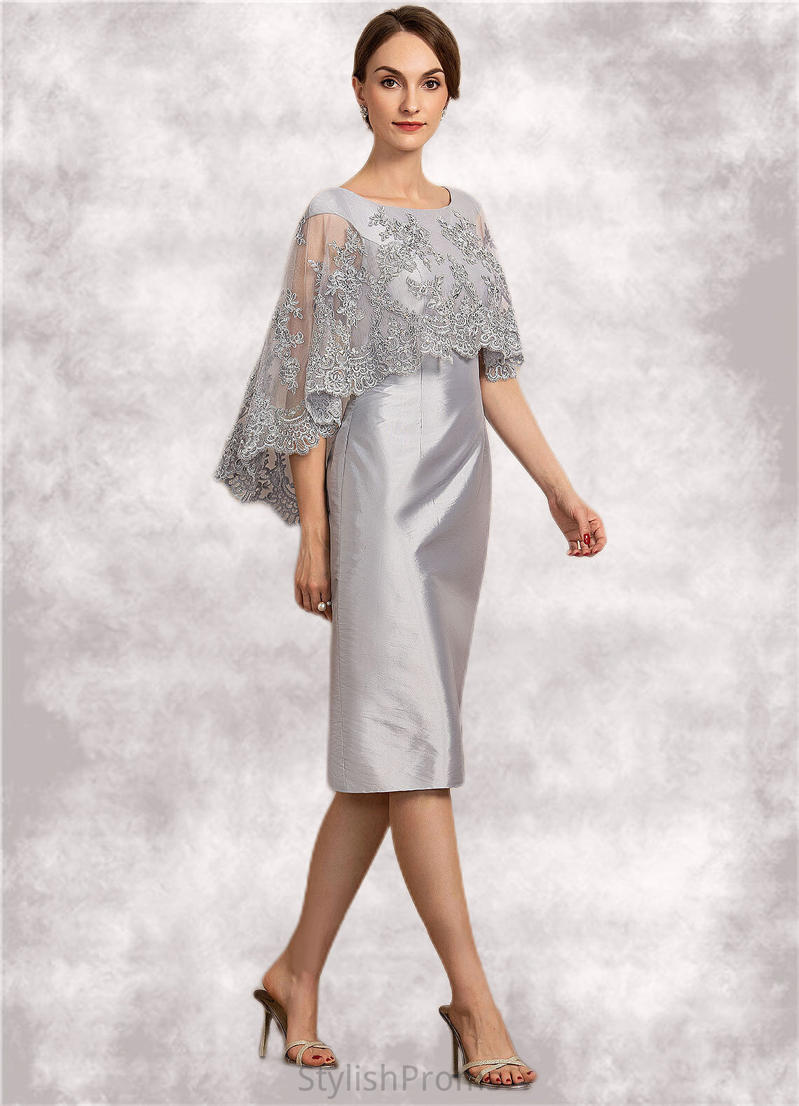 Harmony Sheath/Column Scoop Neck Knee-Length Taffeta Lace Mother of the Bride Dress With Beading Sequins HQ126P0014886