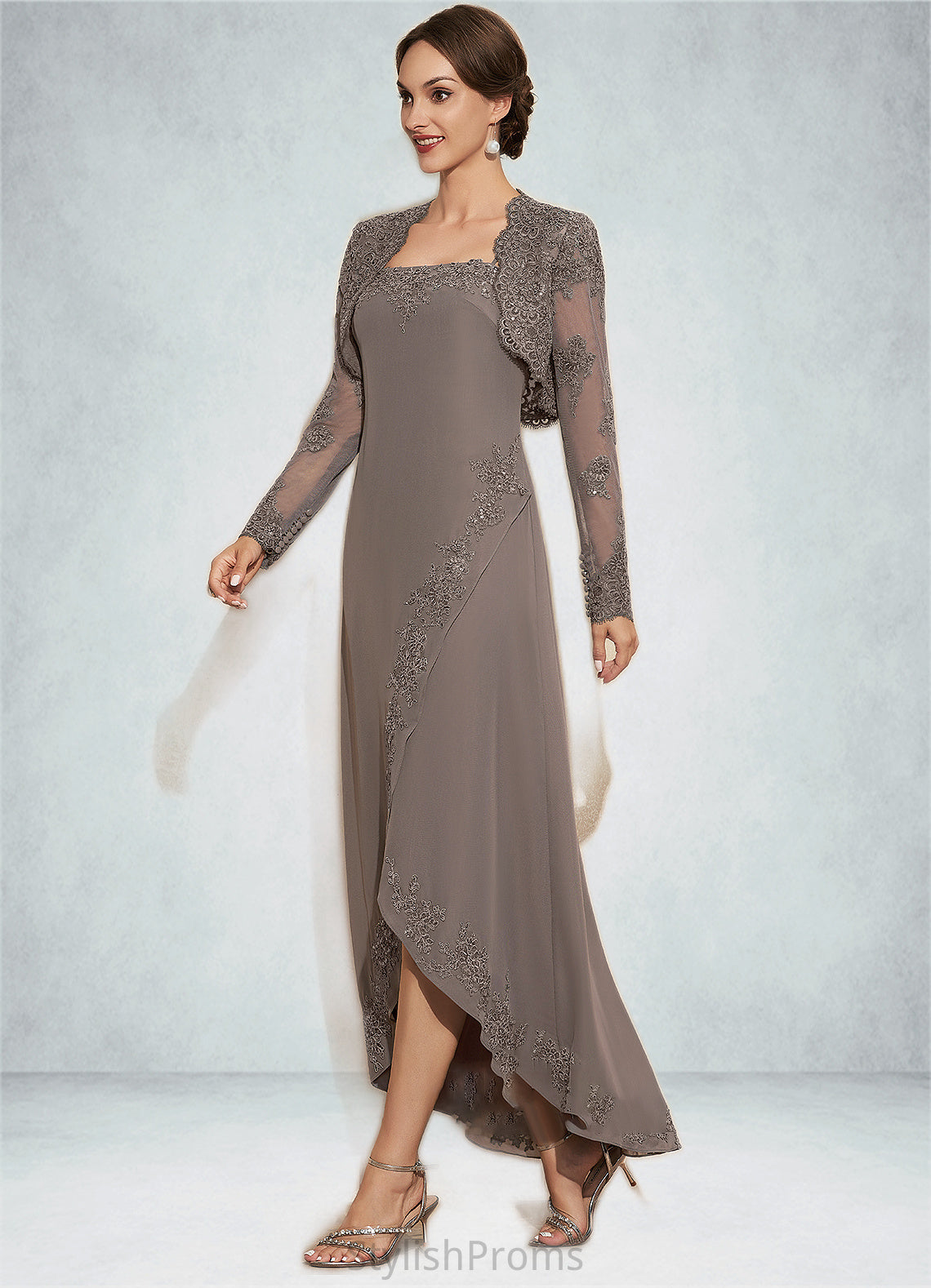 Raegan A-Line Square Neckline Asymmetrical Chiffon Mother of the Bride Dress With Appliques Lace Sequins HQ126P0014888